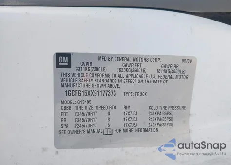 2009 Chevrolet Express G1500 Work Van z USA, uszkodzony, nr VIN 1GCFG15XX91177373